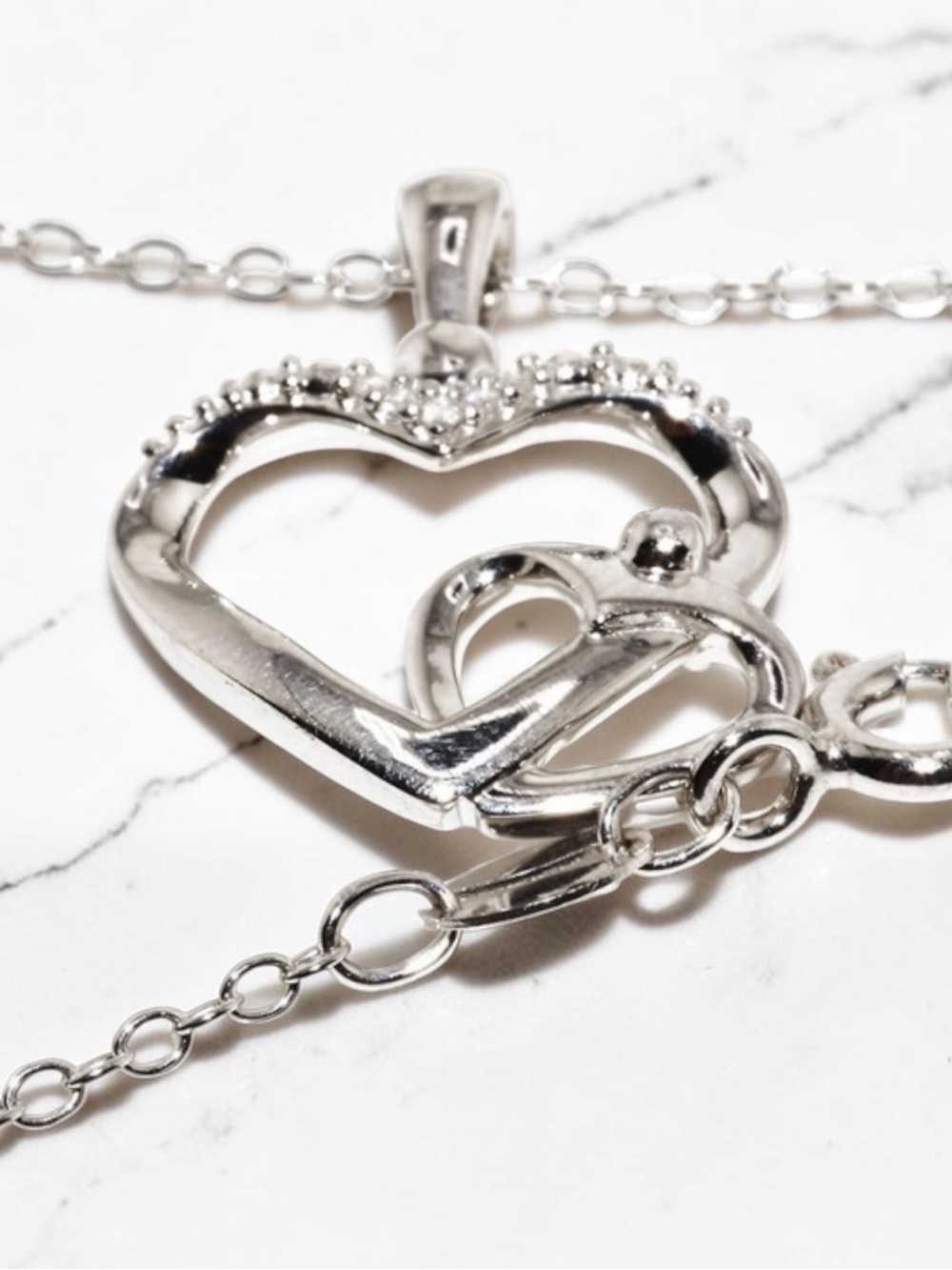 Solid 925 Sterling Silver Natural Diamond Interlocking Heart Necklace 18in NWT - Picture 8 of 8